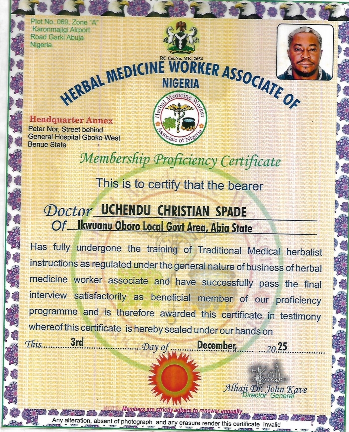 Herbal Medicine Worker Associate of Nigeria — Membership Proficiency Certificate